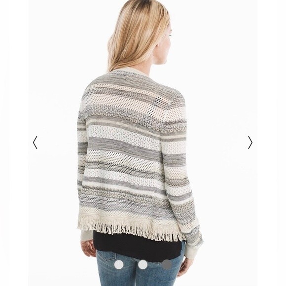 White House Black Market Striped Mix Stitch Sweater Jacket Cardigan Fringe Hem - Picture 2 of 16